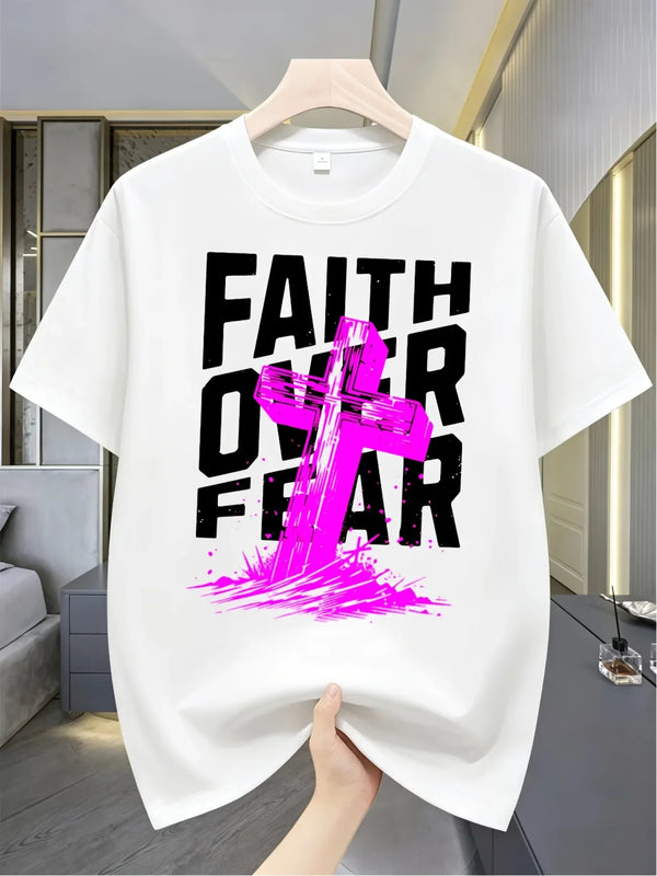Men's Faith Over Fear T-Shirt with Pink Cross Design